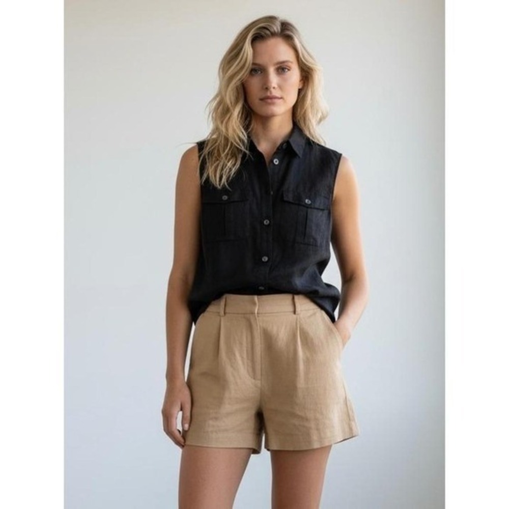 REAL CLOTHES PETITE 100% Linen Black Button Front Sleeveless Shirt
